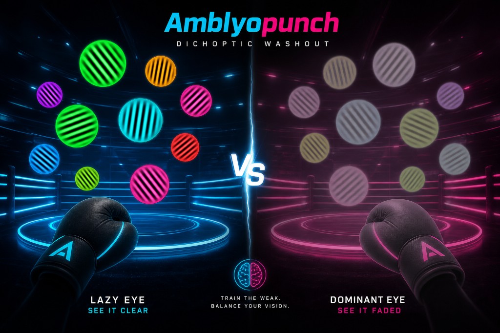Dichoptic washout comparison — the lazy eye sees bright Gabor coins while the dominant eye sees them faded