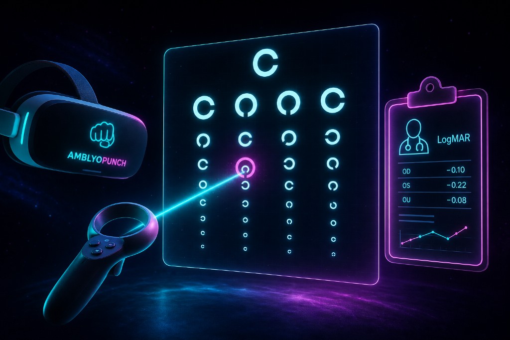 Landolt C acuity chart in VR with a Meta Quest controller pointing at a ring and a LogMAR score card