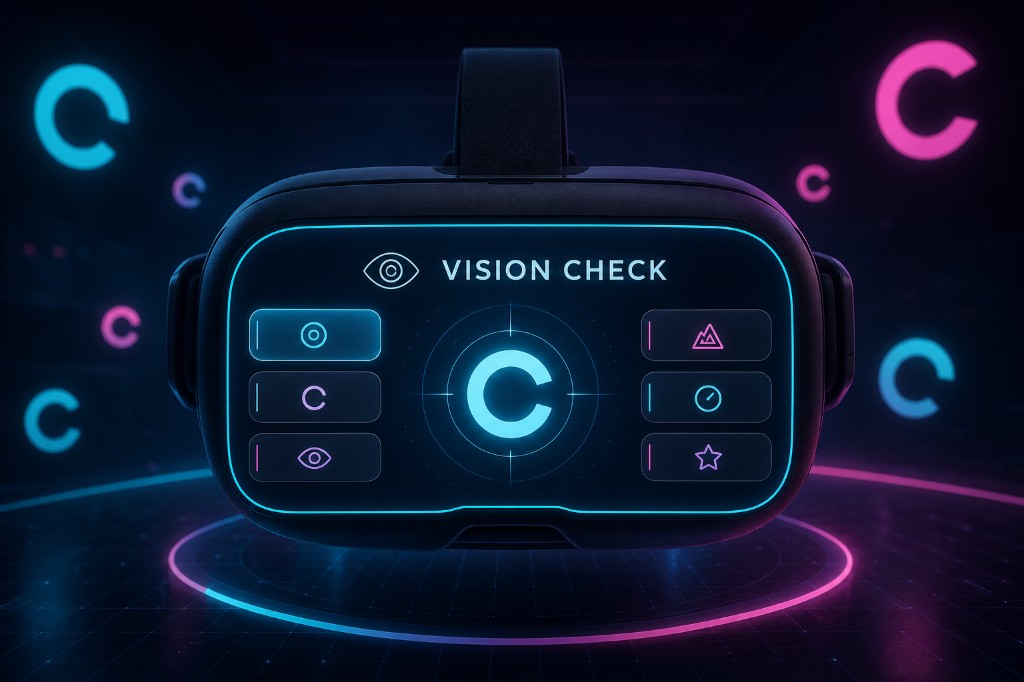 AmblyoPunch Vision Check panel shown inside a VR headset with Landolt C target and per-eye options